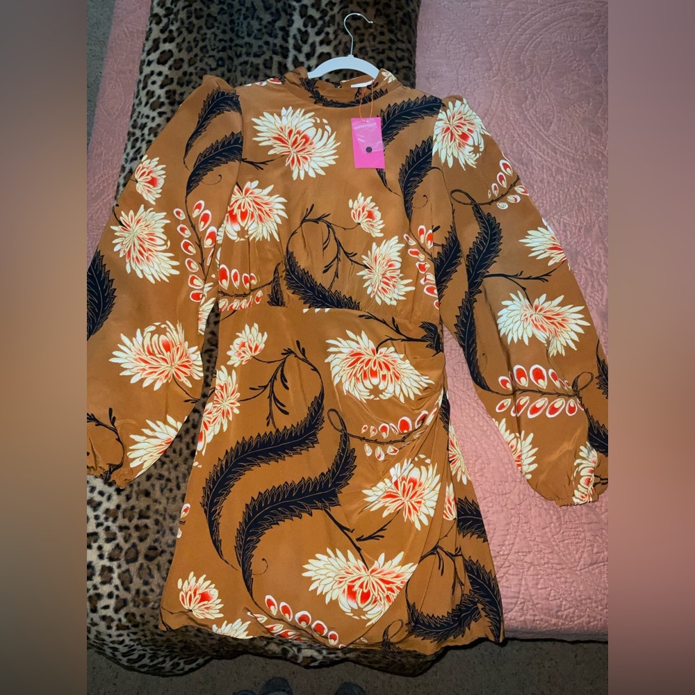 RHODE Cinnamon Brown Floral Mini Dress with Cream & Black Accents - Picture 2 of 10